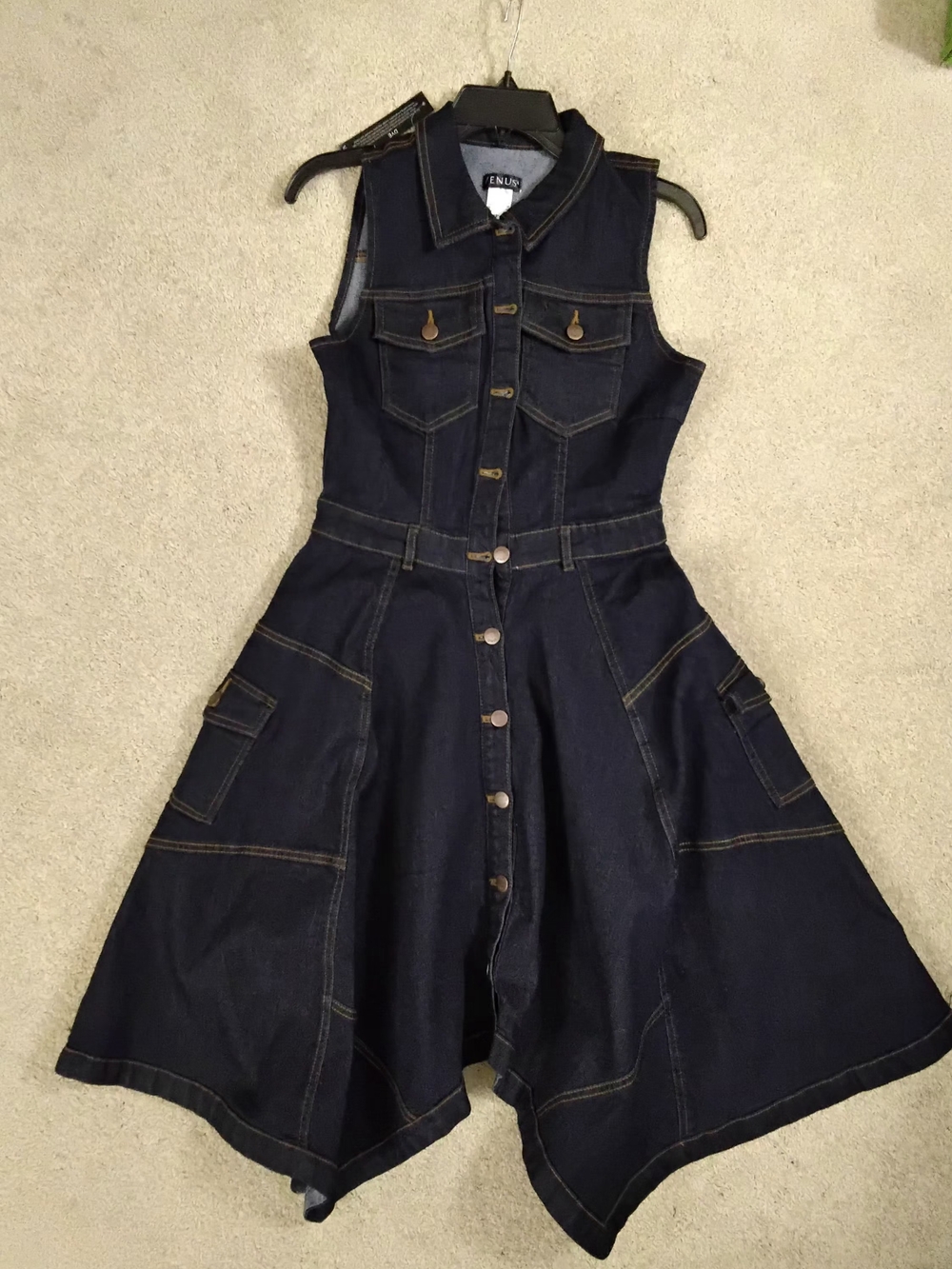 VENUS Hankerchief-Hemmed Sleeveless Dark Denim Dress, Size 8